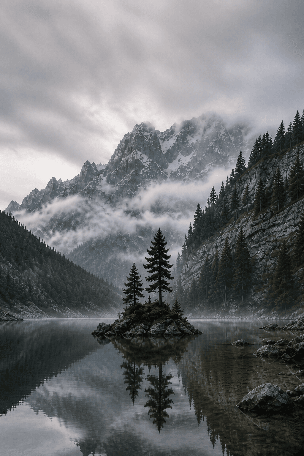云雾雪峰环绕的高山湖泊